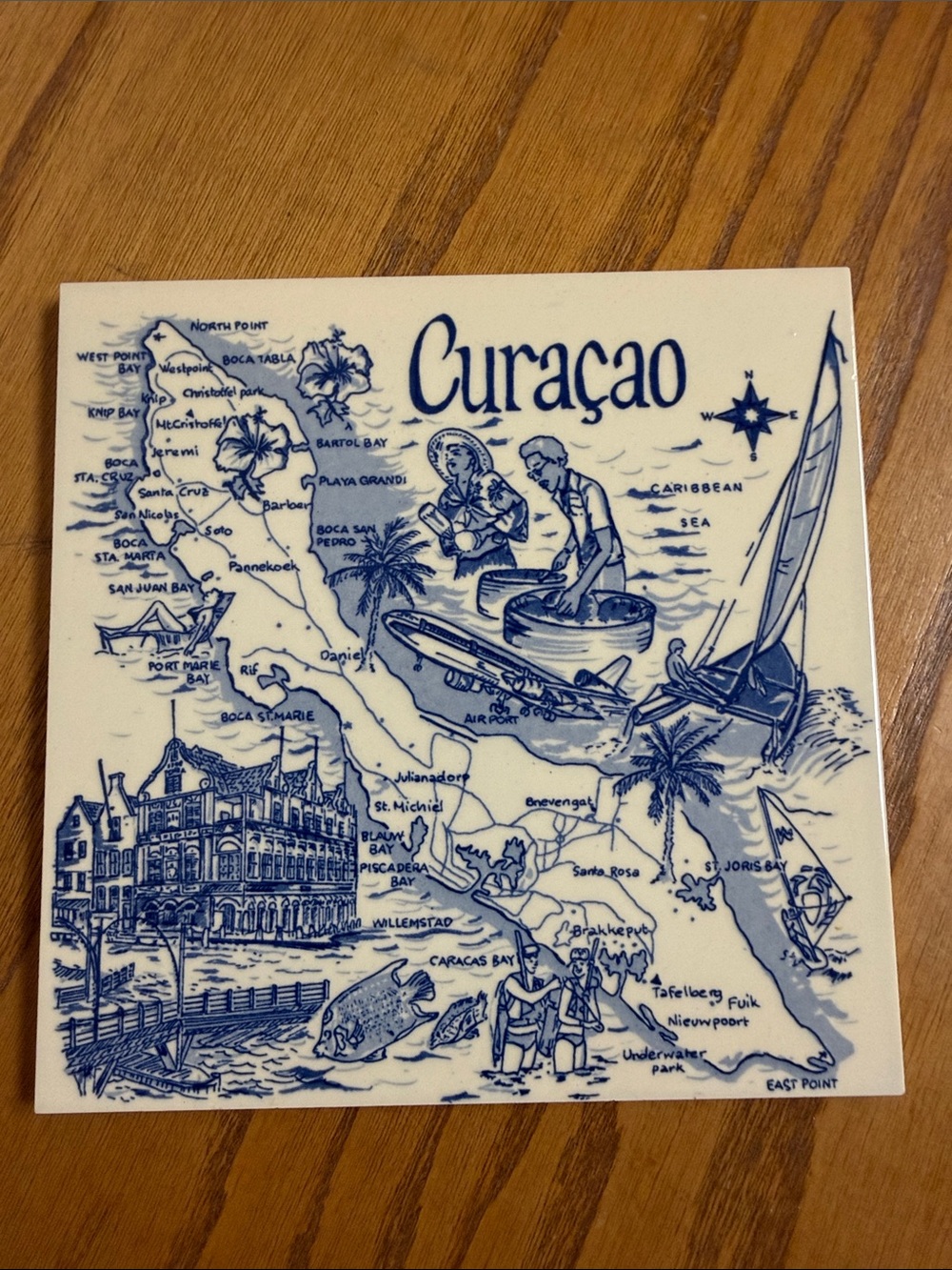 Vintage Curacao Ceramic Map Tile Delft Blue" style monochromatic Venezuela 6”